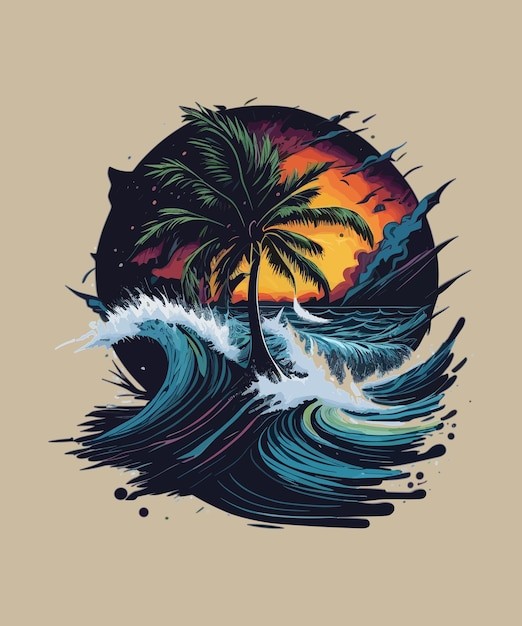 海浪棕榈树艺术涂鸦插画