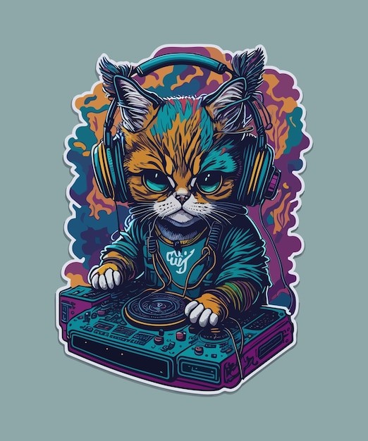 dj猫咪颜料艺术涂鸦插画