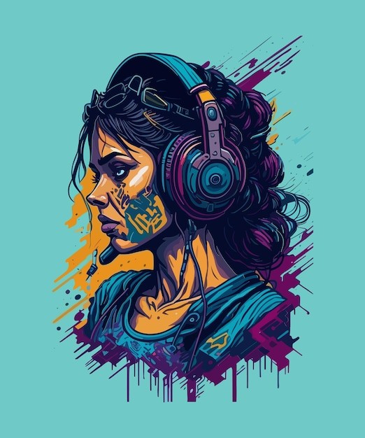 戴耳机的女人颜料艺术涂鸦插画
