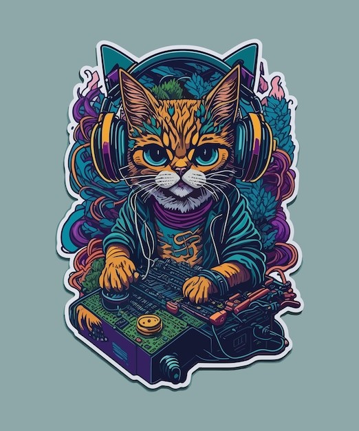 戴耳机的dj猫颜料艺术涂鸦插画