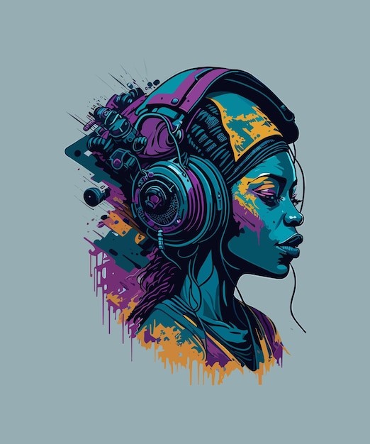 戴耳机的黑人颜料艺术涂鸦插画