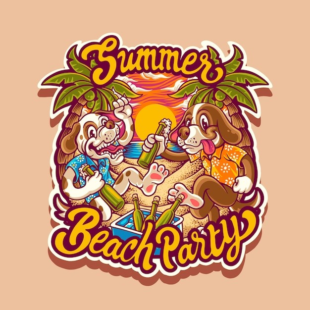 夏季海滩派对狗吉祥物插画logo标志