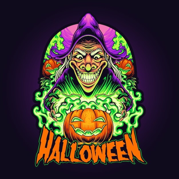 邪恶的万圣节女巫吉祥物插画logo标志