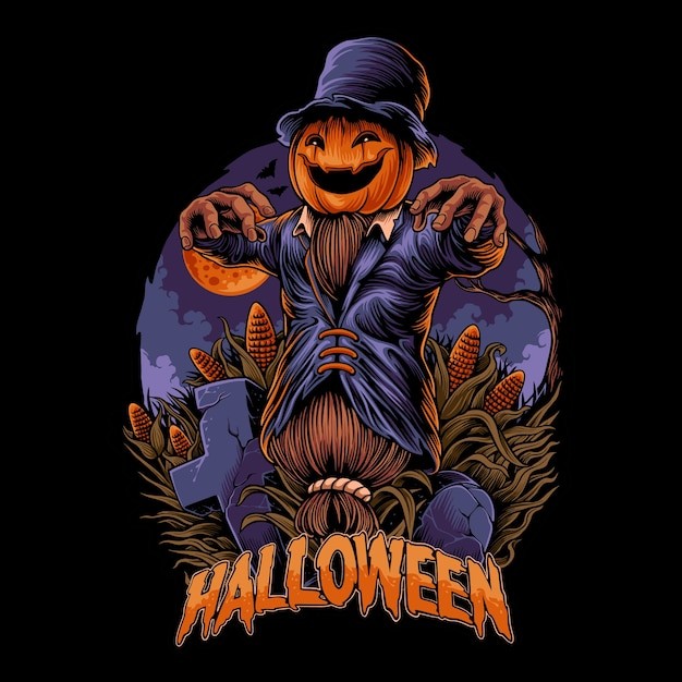 万圣节南瓜稻草人吉祥物插画logo标志