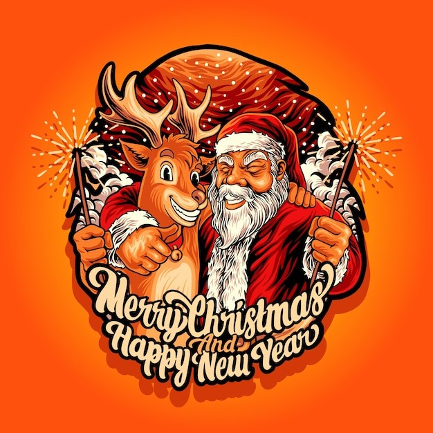 圣诞老人和驯鹿吉祥物logo插画标志