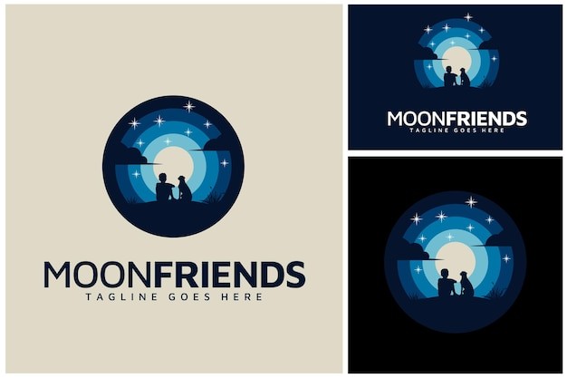 男孩和宠物狗坐在地上欣赏月光梦幻夜晚标志logo