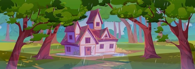 下雨森林中的小屋房子插画
