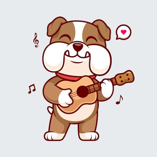 萌萌的斗牛犬弹吉他卡通矢量图标插画动物音乐图标概念插画
