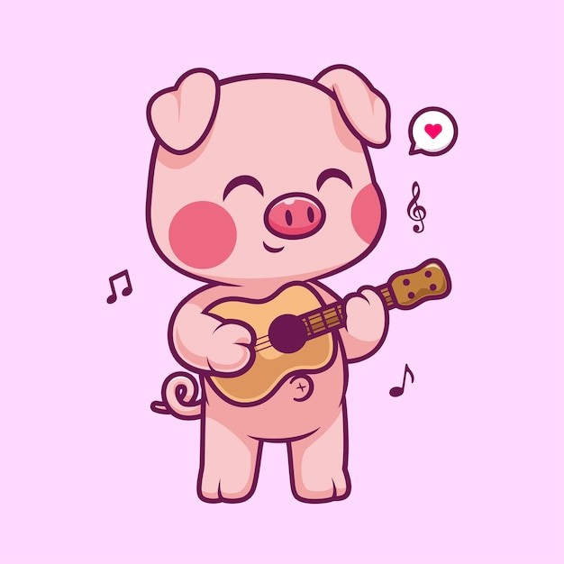 萌萌的小猪弹吉他卡通矢量图标插画动物音乐图标概念插画