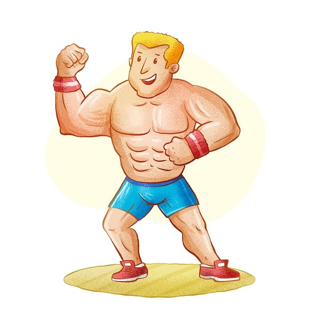 手绘强壮的人肌肉男卡通插画