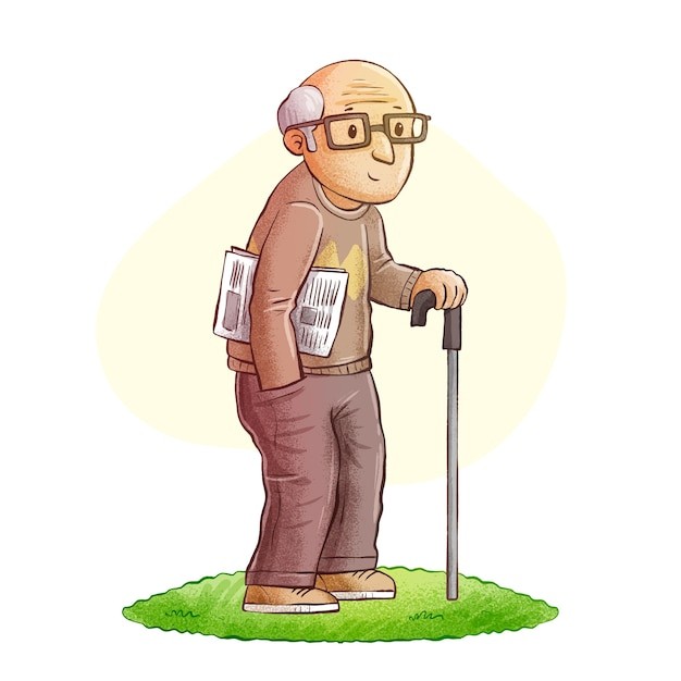 手绘老人卡通漫画插画