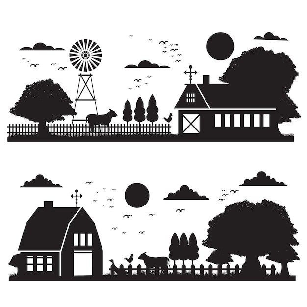 手绘农场剪影插画
