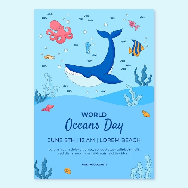 世界海洋日活动手绘垂直海报模板