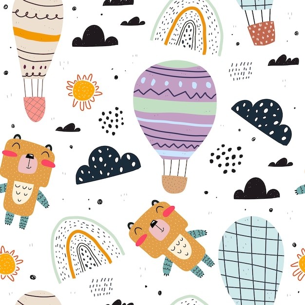 卡通熊热气球无缝花纹