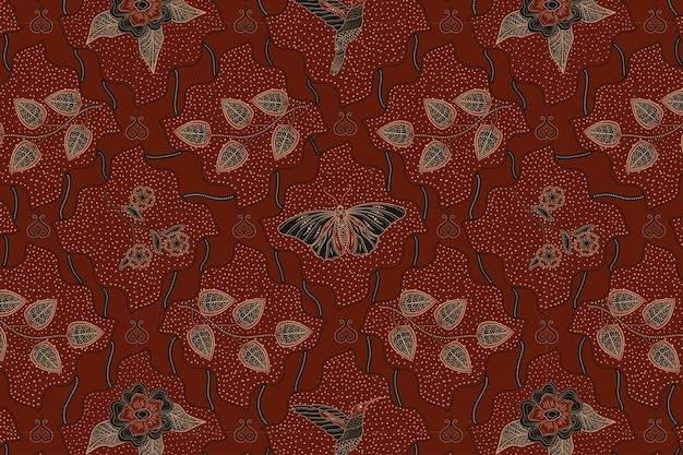 传统蝴蝶植物红色无缝花纹