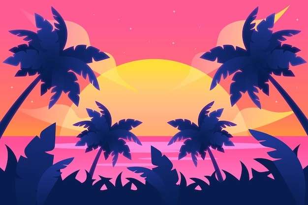手绘热带日落背景插画