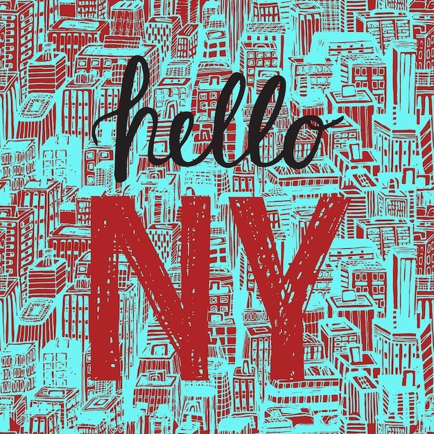 复古手写你好纽约城市建筑无缝贴图花纹
