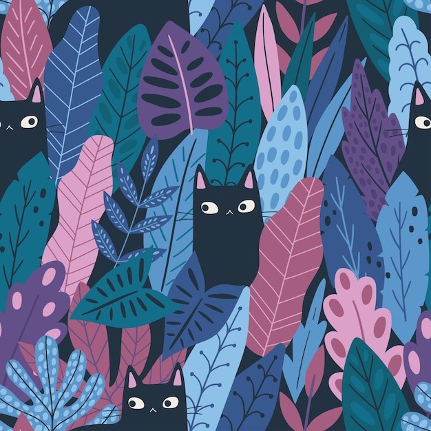 黑猫热带植物叶子无缝贴图花纹图案