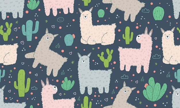 卡通羊驼动物无缝贴图花纹图案