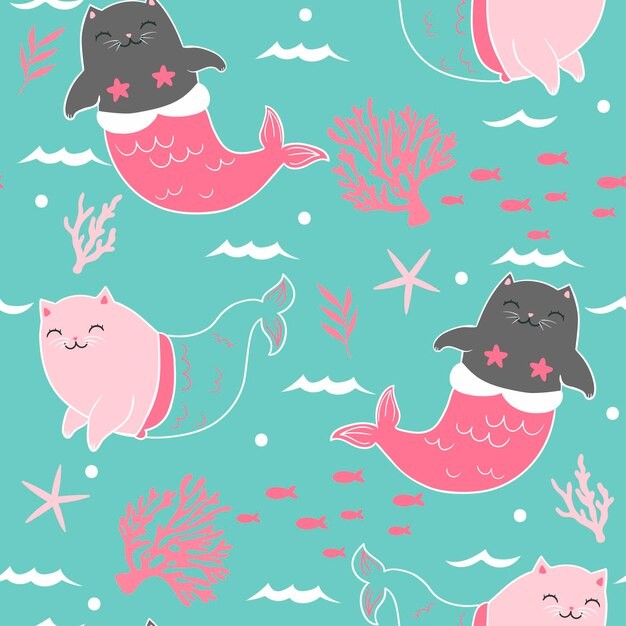 美人鱼猫无缝贴图花纹图案