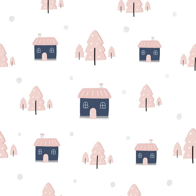 无缝冬季松树房屋无缝贴图花纹图案