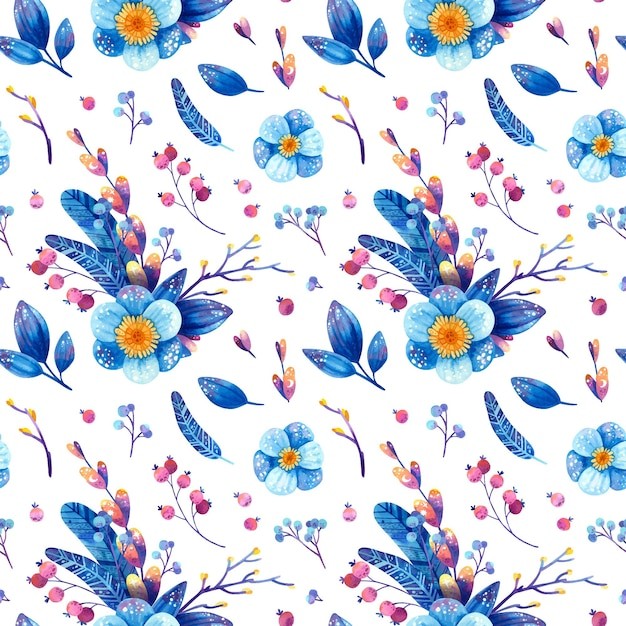 蓝色植物叶子花朵无缝贴图花纹图案