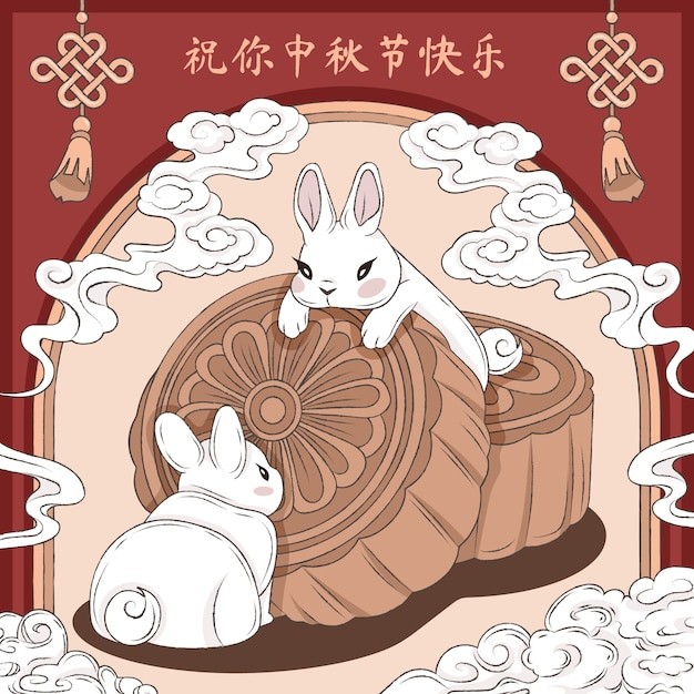 中秋节兔子月饼插画