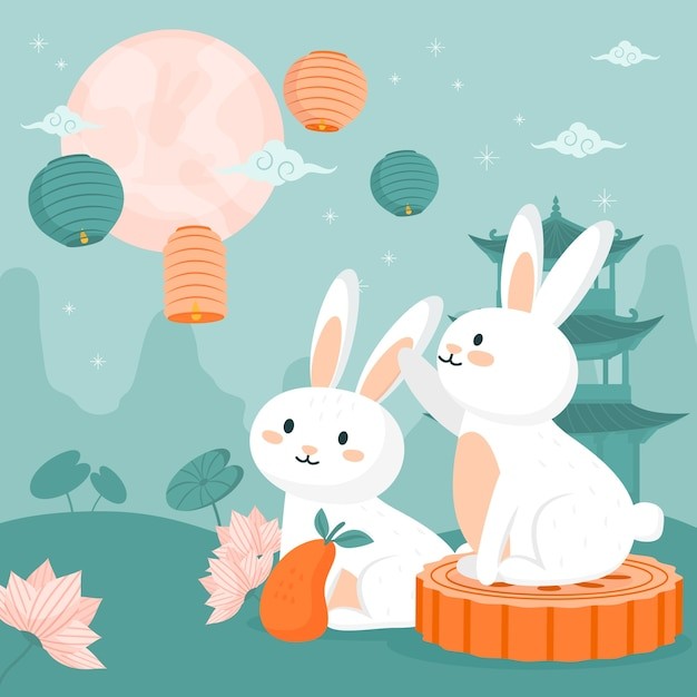 中秋节兔子月饼插画