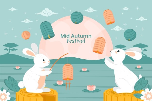 中秋节兔子灯笼插画背景