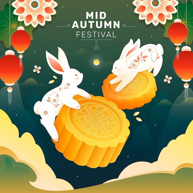 中秋节灯笼兔子插画背景