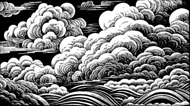 黑白手绘抽象云层插画背景
