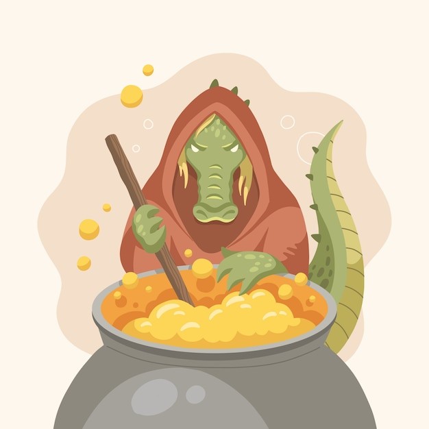 手绘鳄鱼巫师插画