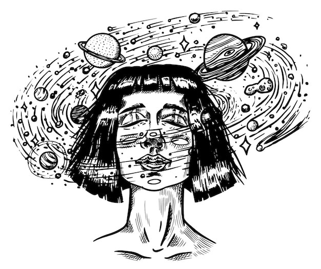 女人幻想太空星球想象插画