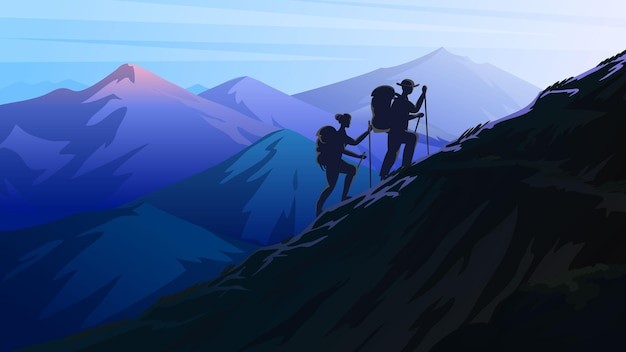 山脉登山风景插画