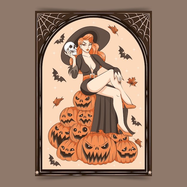 万圣节女巫南瓜头女孩插画