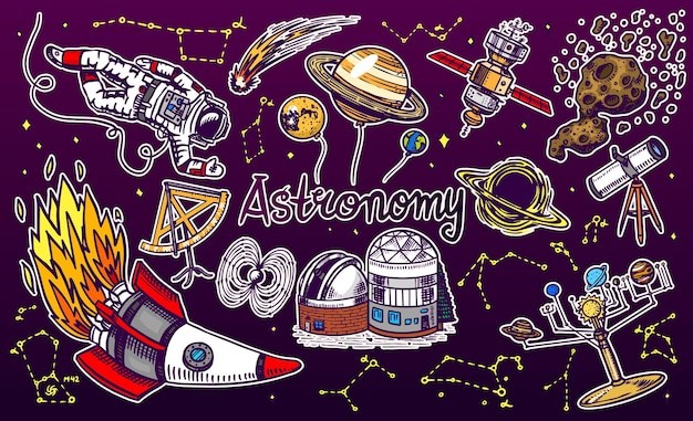 手绘宇航员太空火箭星球天文卫星涂鸦