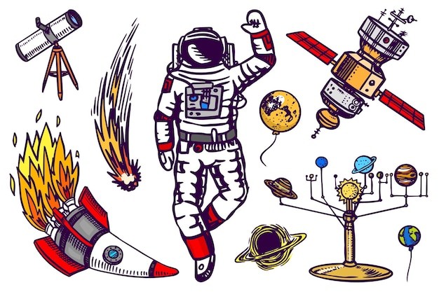 手绘宇航员太空火箭星球天文卫星涂鸦