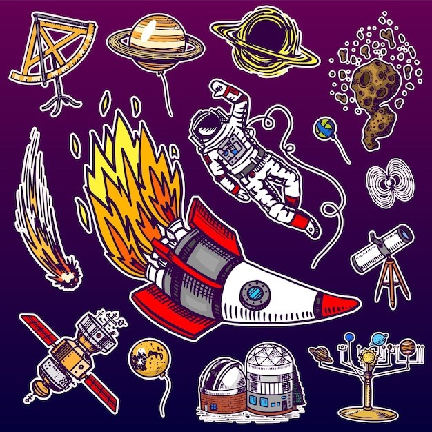 手绘宇航员太空火箭星球天文卫星涂鸦