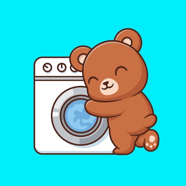 可爱的熊拥抱洗衣机卡通插画