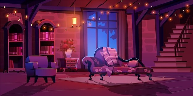 室内客厅夜晚场景插画