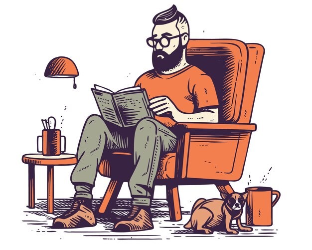 坐在沙发上看书的男人插画