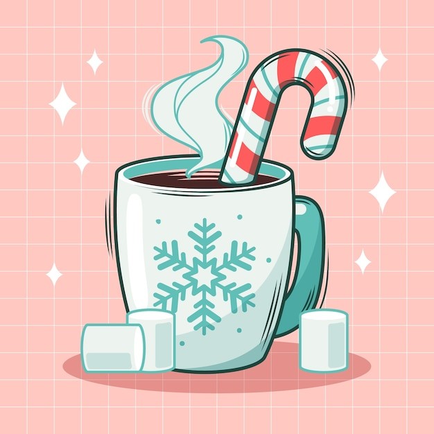 手绘一杯咖啡拐杖糖插画