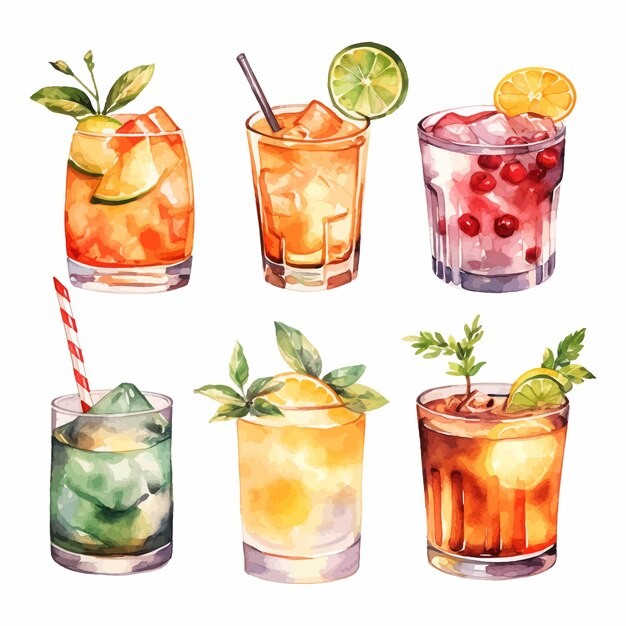 鸡尾酒饮料冰饮水彩插画