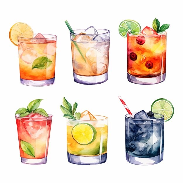 鸡尾酒饮料冰饮水彩插画