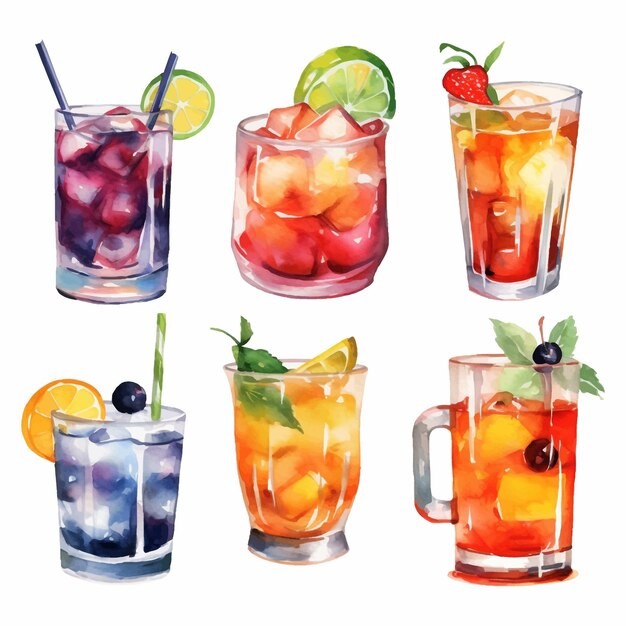 鸡尾酒饮料冰饮水彩插画