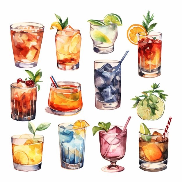 鸡尾酒饮料冰饮水彩插画