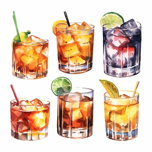 鸡尾酒饮料冰饮水彩插画