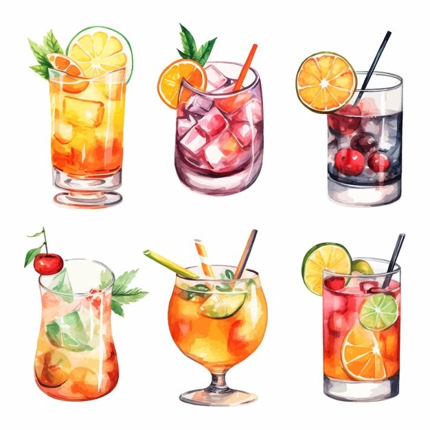 鸡尾酒饮料冰饮水彩插画