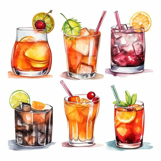 鸡尾酒饮料冰饮水彩插画