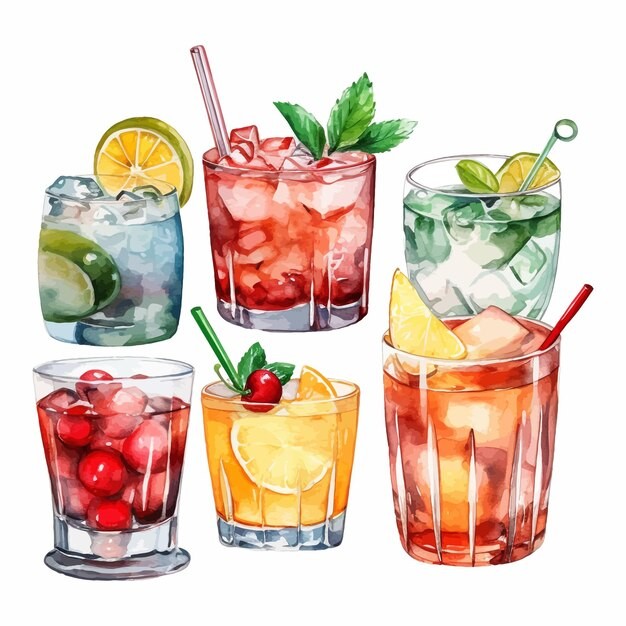 鸡尾酒饮料冰饮水彩插画